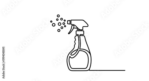 Minimalist continuous line art illustration of a spray bottle, perfect for depicting cleaning, hygiene, or household liquid dispensing applications