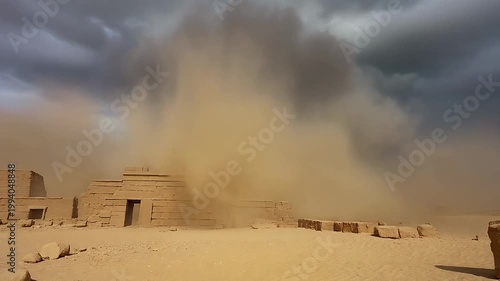 A massive sandstorm approaches ancient ruins in the desert landscape under a dark cloudy sky.