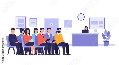 Waiting room with diverse people sitting.