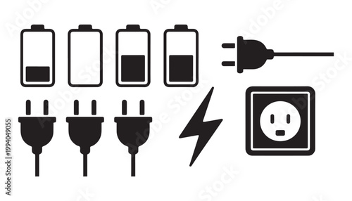 battery level indicators and electrical plugs with lightning bolt and power outlet illustration.