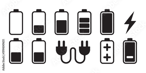 battery charge level indicator icons with empty to full states and charging plugs set.