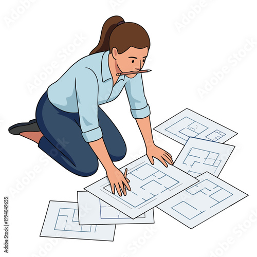 Woman crouches on floor examining scattered blueprints and papers closely