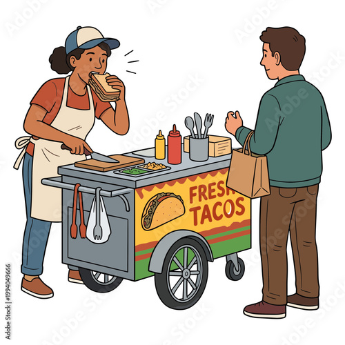 A food vendor serves a hungry customer with fresh tacos from her cart.