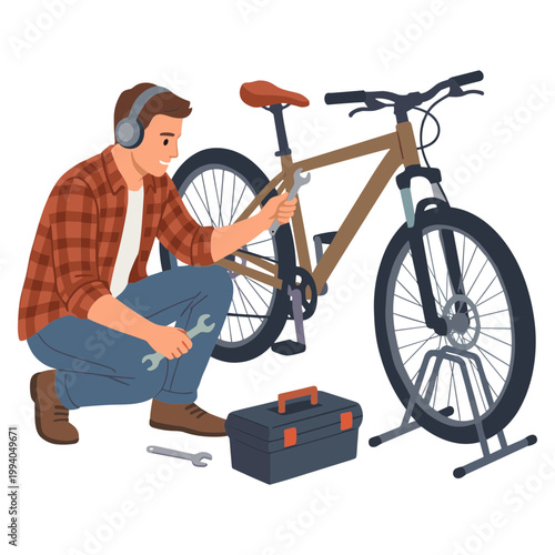 Man repairing bicycle with wrench and toolbox in garage
