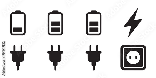battery charge indicator icons, electrical plugs, lightning bolt, and power outlet set.