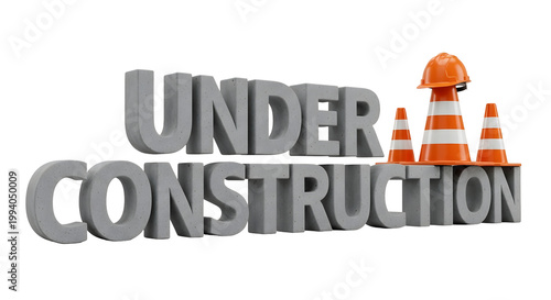 Teks beton 3D bertuliskan under construction dengan tiga kerucut lalu lintas oranye pada latar belakang hitam untuk konsep perbaikan web