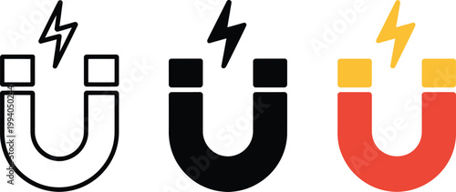 Magnets with electric lightning symbols, vector icon collection in black white and red representing power magnetism and electrical science themes.