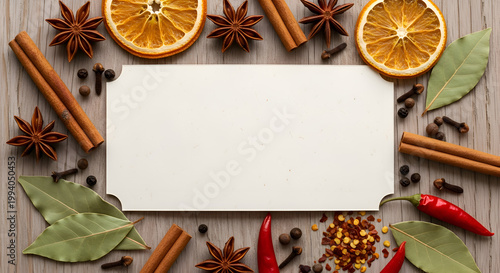 Spices and herbs on wooden table.