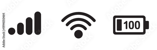 Signal bars wi fi symbol and battery indicator on transparent background illustration.