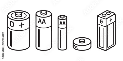 Set of different battery types and sizes isolated on transparent background illustration.