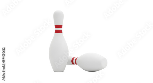 Dua pin boling putih bergaris merah 3D dengan satu berdiri dan satu terjatuh di atas latar belakang hitam untuk konsep olahraga