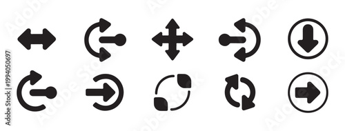 Set of various black arrow icons on transparent background, directional pointers and navigation signs.