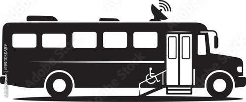 Accessible school bus, wheelchair ramp, vector illustration, black and white