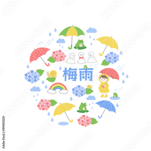 梅雨のイラスト　梅雨素材　アイコン詰め合わせ　紫陽花　傘　虹　カエル　カタツムリ　かわいい 