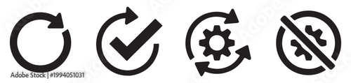 Set of four black icons representing refresh, check, process, and prohibition of gear symbol.