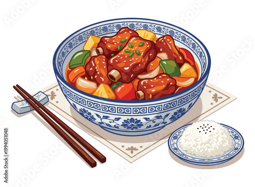 Sweet and Sour Delight: An artful illustration showcases a classic culinary masterpiece of sweet and sour spare ribs, offering a vibrant, flavorful, and mouthwatering representation of a popular dish.