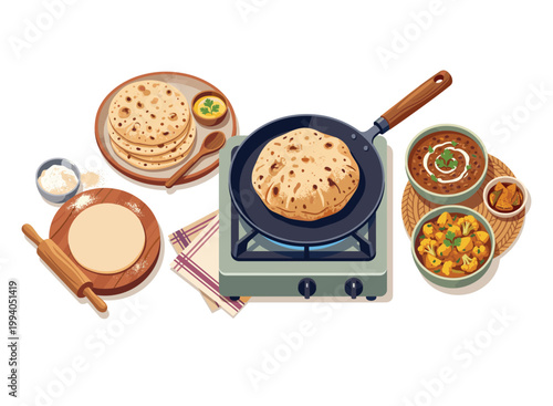 Culinary Delights: Indian Cuisine in a Vibrant Illustration: A colorful and appetizing illustration showcases the essence of Indian culinary tradition. Featuring freshly cooked flatbreads.