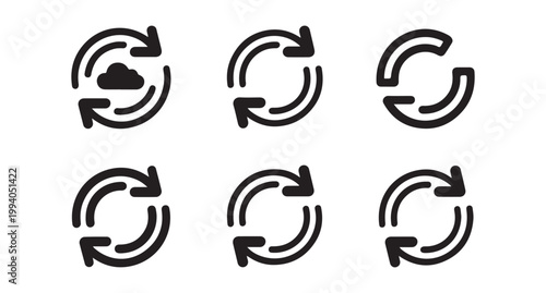 Cloud data synchronization icons featuring double circular arrows for server update and backup status.