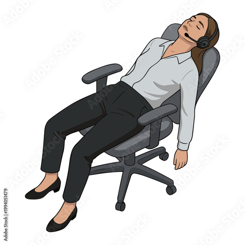 Woman wearing headset reclines on office chair in relaxed pose