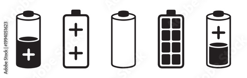 Cylindrical battery icons with various charge levels, power indicators, and plus minus symbols.