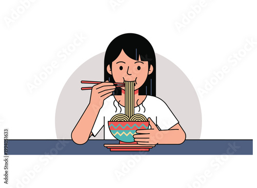 Noodle Delight: A young person savors the flavors of noodles, gracefully using chopsticks, highlighting a moment of culinary enjoyment.