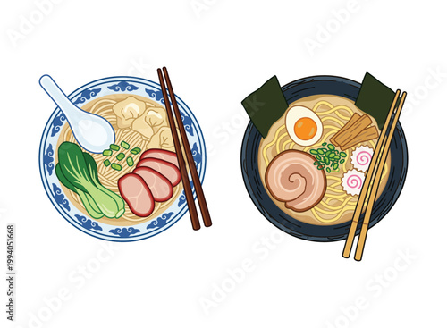 Ramen Delight: A vibrant illustration showcasing two bowls of the iconic Japanese ramen, with chopsticks and exquisite arrangement.