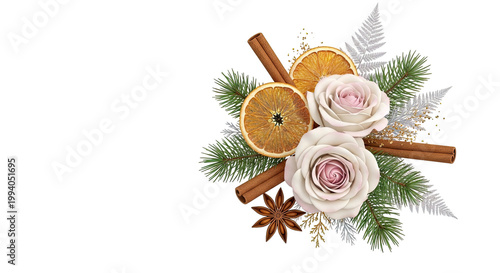 Winter Floral Arrangement with Roses, Oranges, and Spices