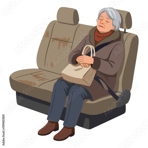 Elderly woman sleeps peacefully in a car seat holding a bag.