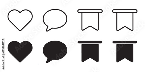 Set of social media icons for likes comments and bookmarks outline and filled versions isolated.