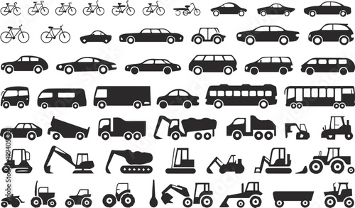 Buses trams taxis and trains silhouettes