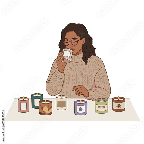 A woman sits at a table smelling a candle surrounded by various colorful candles.