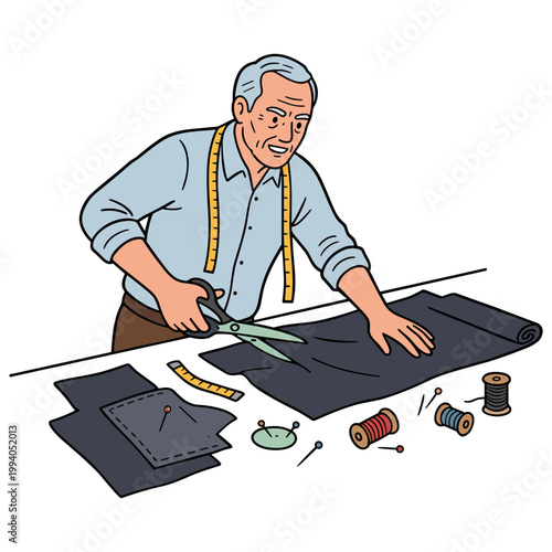 An older man cutting fabric with scissors at a worktable.