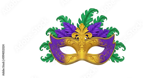 Ornate Mardi Gras Mask with Purple, Gold, and Green Feathers