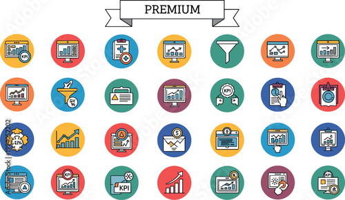Business analytics KPI dashboard colored circle icon set including charts finance monitoring reporting strategy outline vector collection