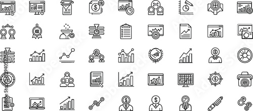 Business analytics performance strategy line icon set including KPI charts monitoring teamwork finance dashboard outline vector collection