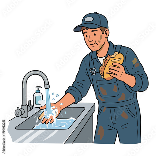 Man washes hands under running water in sink with soap