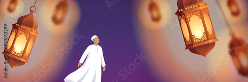 Muslim man in white thobe looking up at glowing ornamental lanterns. Festive banner design for Ramadan Kareem, Eid al-Fitr, and Islamic religious celebrations.