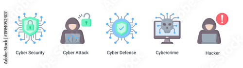 Cyber defense icon set featuring hacker,cyber attack and cybercrime concepts.Perfect for cybersecurity services and network protection visuals.