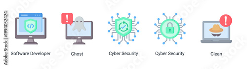 System monitoring icon set featuring developer,cyber security and spyware threat detection.Perfect for cybersecurity workflow,system monitoring and digital security analysis.