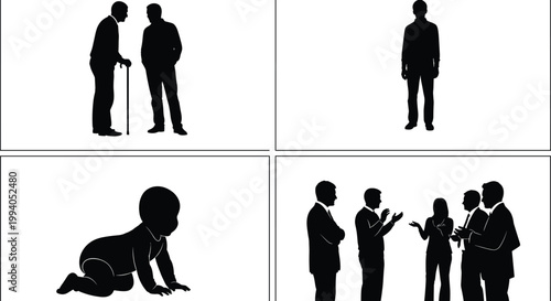 Black silhouette illustration depicting stages of human life from baby to elder with social interaction and communication