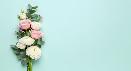Elegant floral border with pink roses, white ranunculus on mint background, spring flower frame