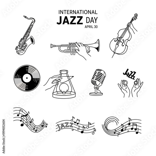 International Jazz Day Minimal Monochrome Icon Set – Modern Jazz Music Vector Collection