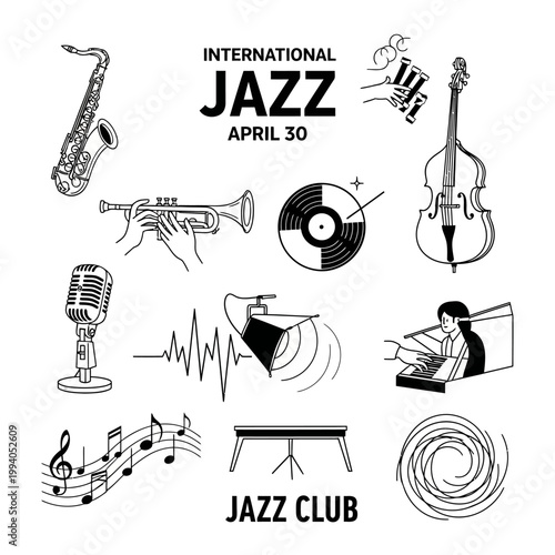 International Jazz Day Minimal Monochrome Icon Set – Modern Jazz Music Vector Collection