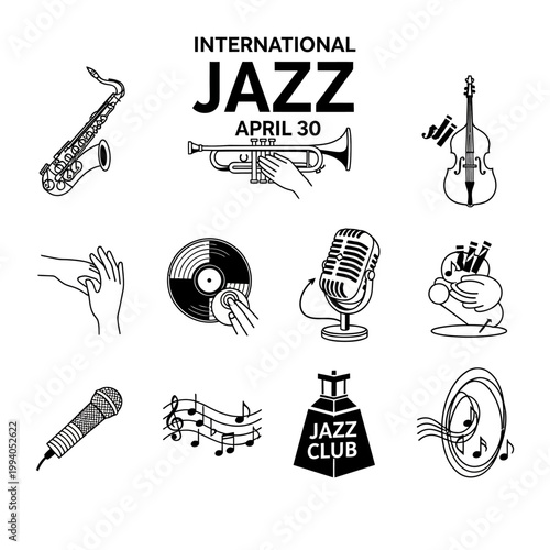 International Jazz Day Minimal Monochrome Icon Set – Modern Jazz Music Vector Collection