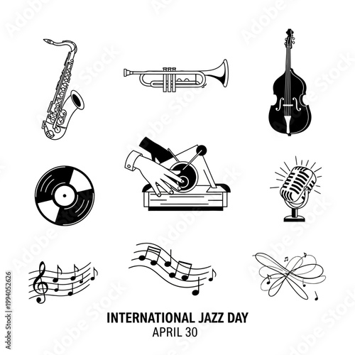 International Jazz Day Minimal Monochrome Icon Set – Modern Jazz Music Vector Collection