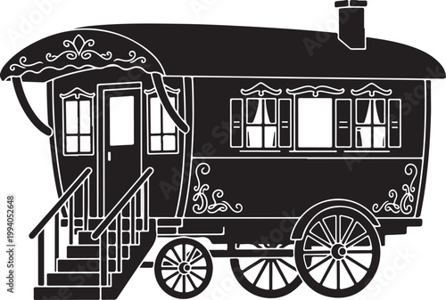 Vintage caravan, black and white illustration, gypsy wagon, travel trailer