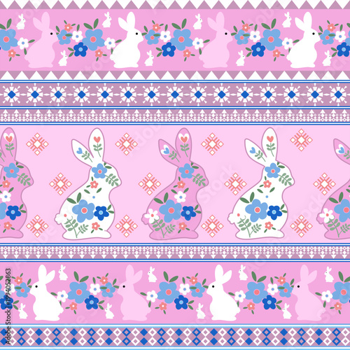 Seamless Pink Easter Pattern with Folk Art Rabbits and Flowers