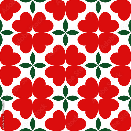 Seamless Pattern with Red Heart Flowers and Green Leaves