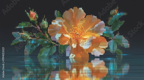 Abstract digital art of vibrant orange flower with pixelated glitch effect reflecting on dark liquid surface showcasing modern technology and artistic distortion style