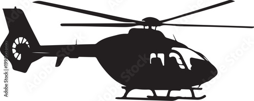 Black helicopter silhouette, aircraft icon, rotorcraft symbol, transportation illustration